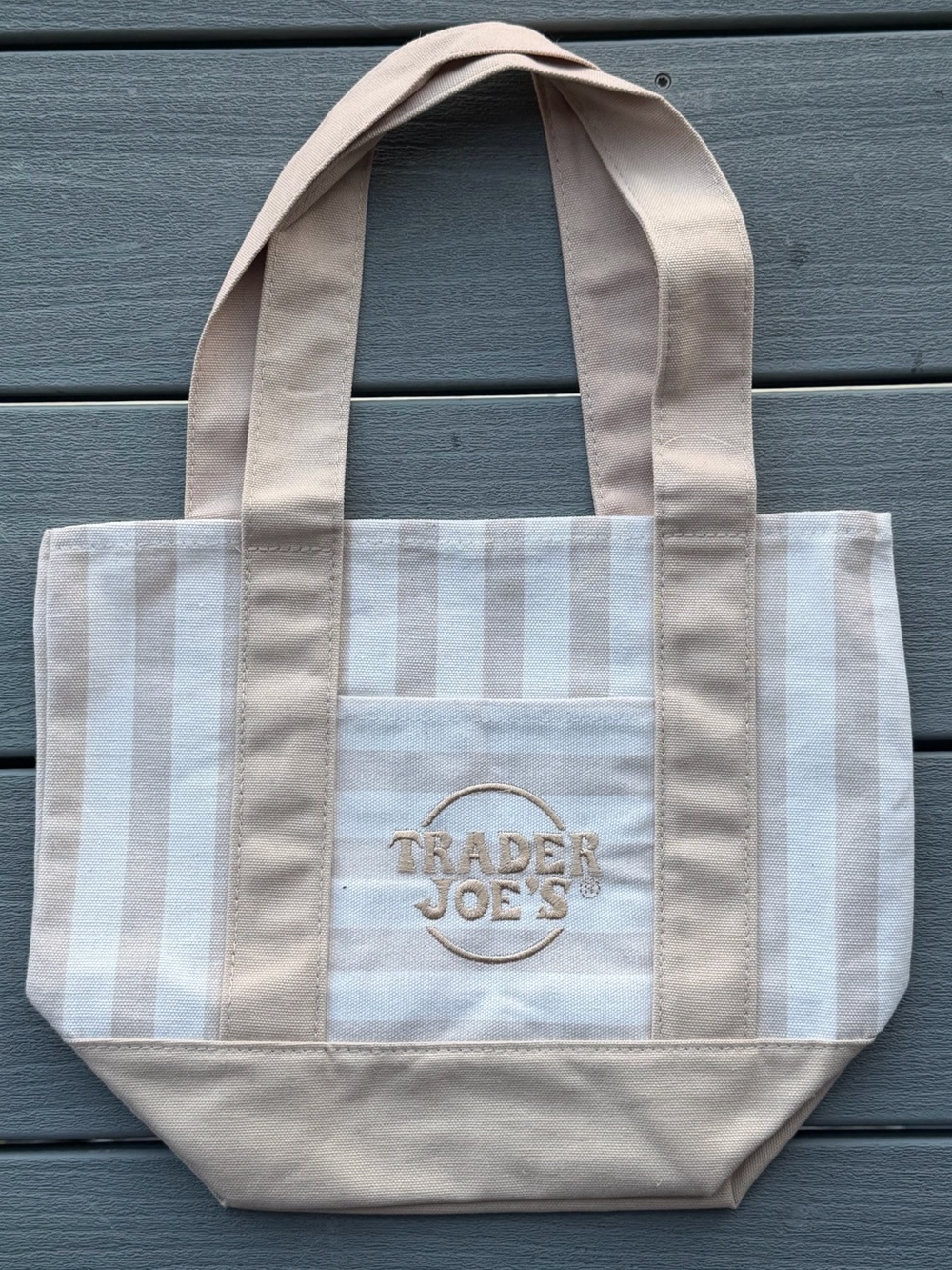 Trader Joe's striped mini canvas taupe tote bag NWT